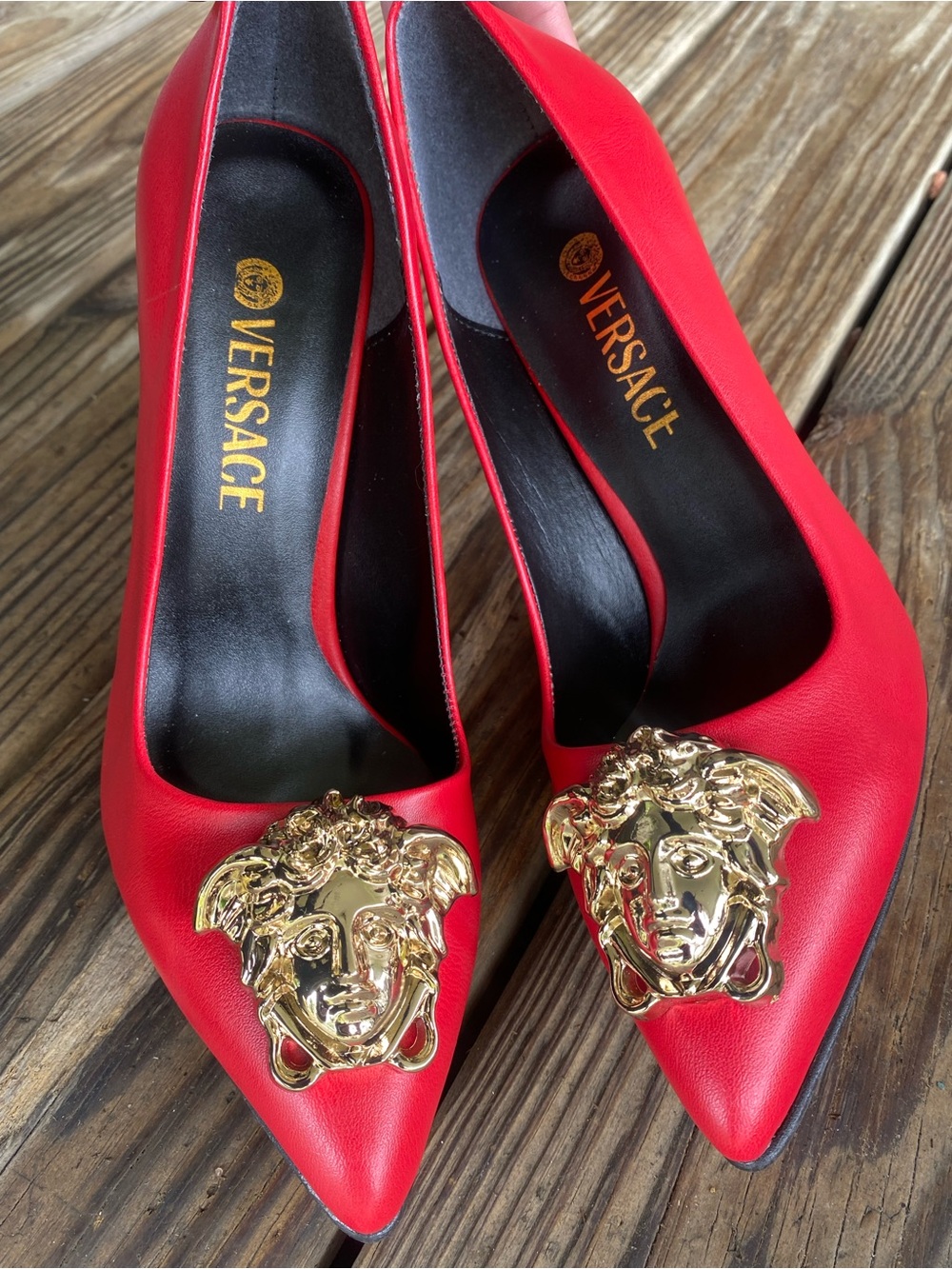 ✨Red Pumps w/ Gold Medusa Head Hardware